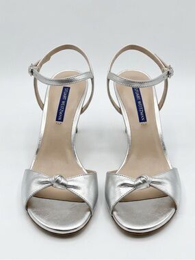 Stuart Weitzman Silver Metallic Knotted Open-Toe Ankle Strappy Sandals Heels 7.5